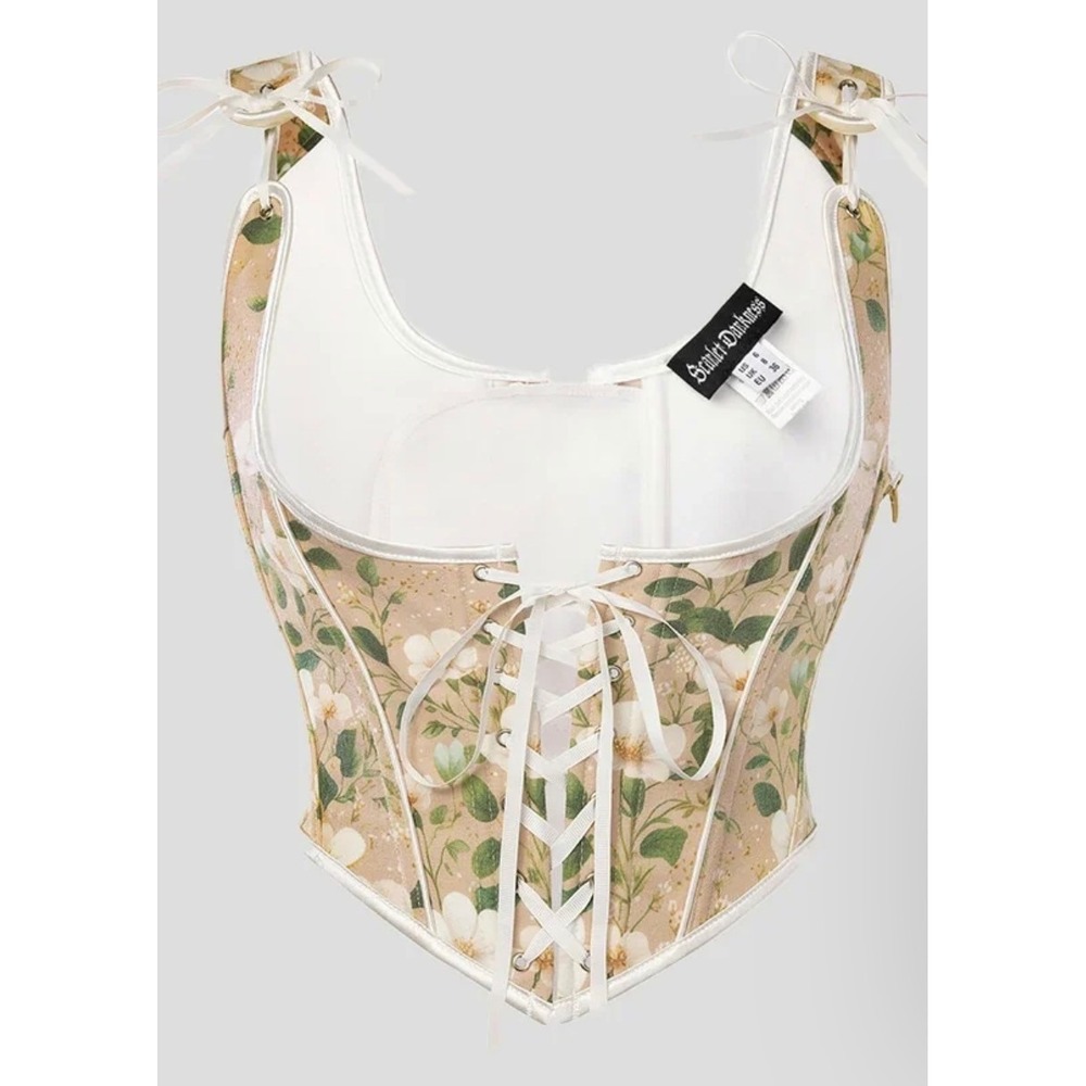 Scarlet Darkness Floral Corset Top Lace Up Renaissance Vest Tan White Small